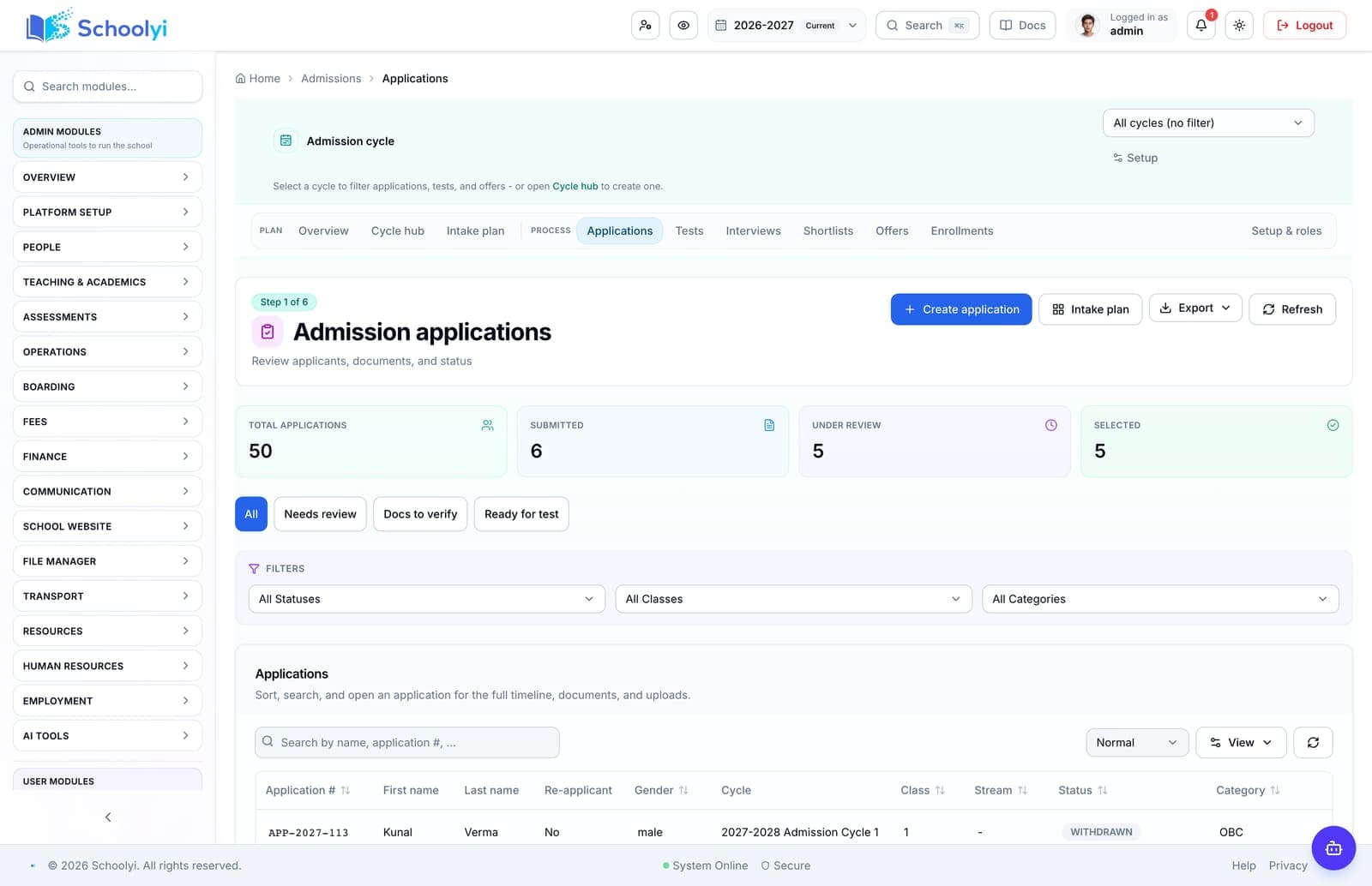 Admissions applications pipeline Schoolyi admissions applications list with cycle filters, review status, and applicant counts