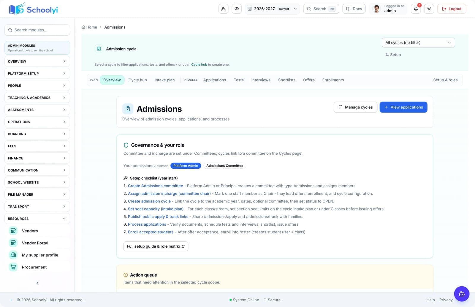 Admissions hub Schoolyi admissions hub overview for public apply, tracking, and staff review