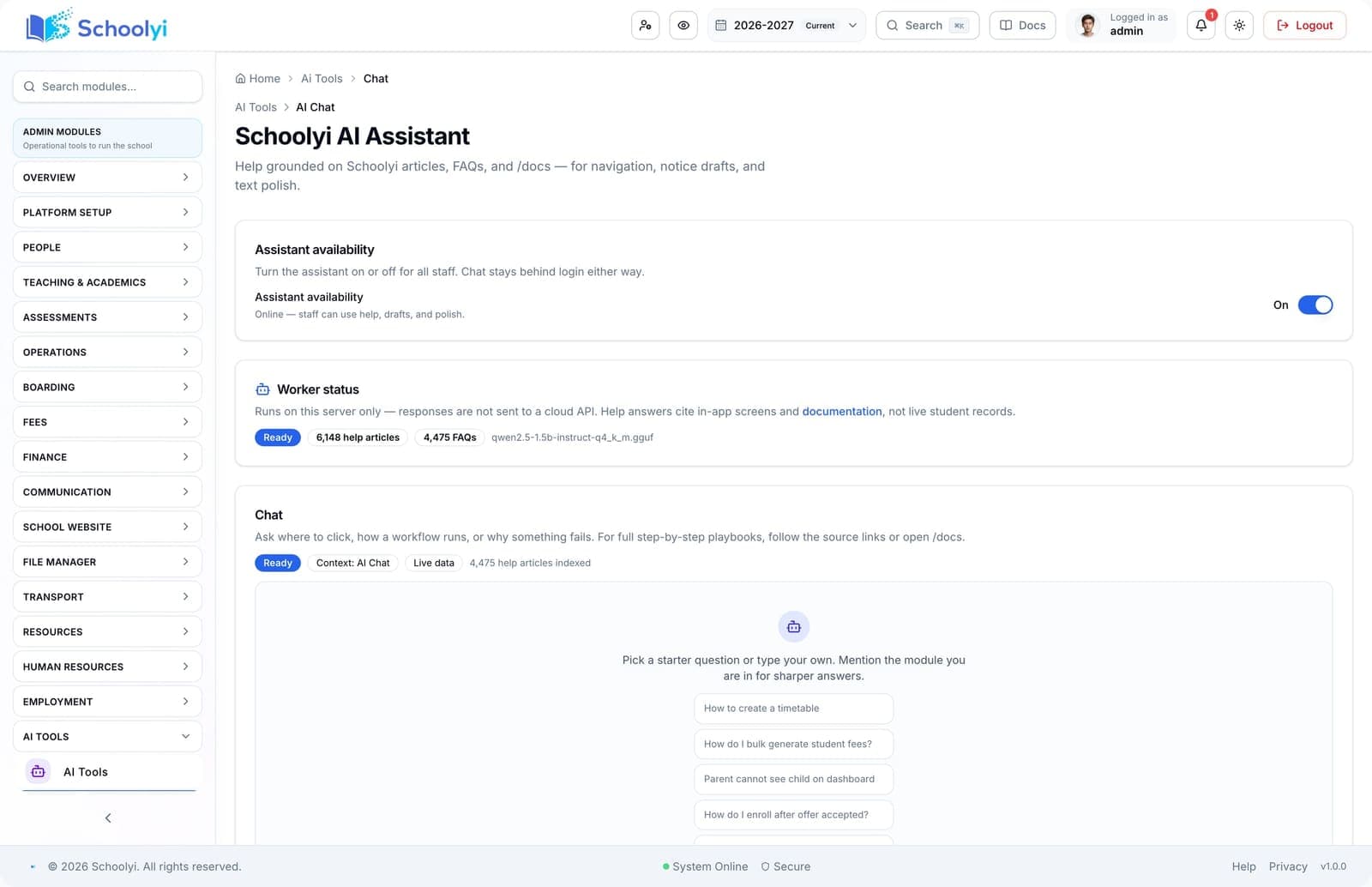 AI chat Schoolyi AI chat using school context for staff questions
