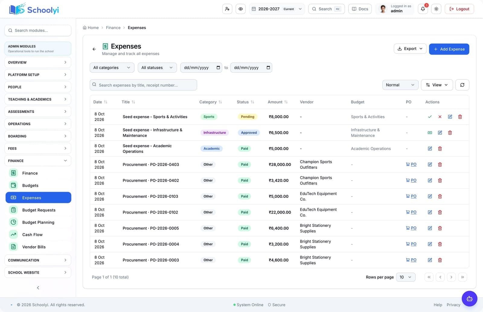 Expense claims Schoolyi staff expense claims and approvals in the finance workspace
