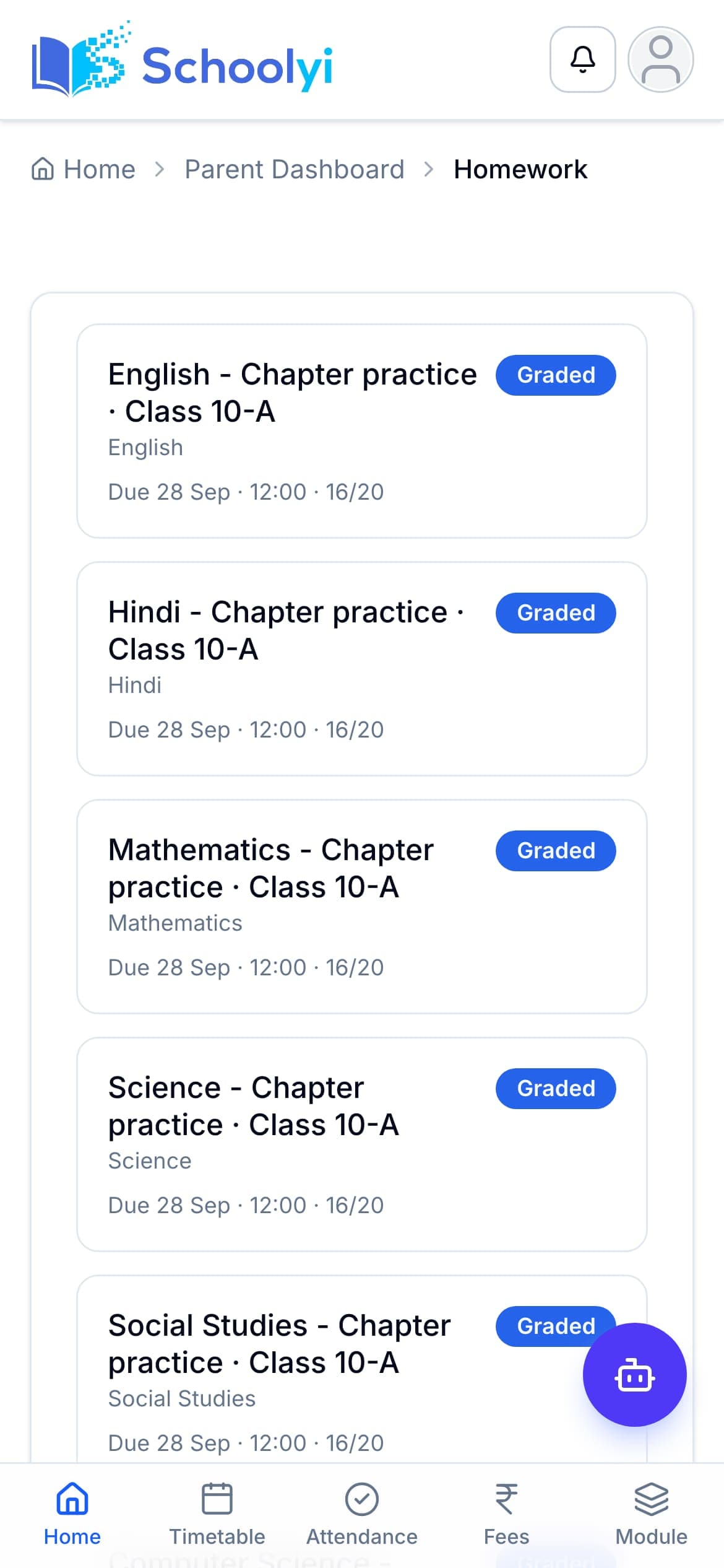 Parent homework on mobile Schoolyi parent mobile homework view for assigned class work