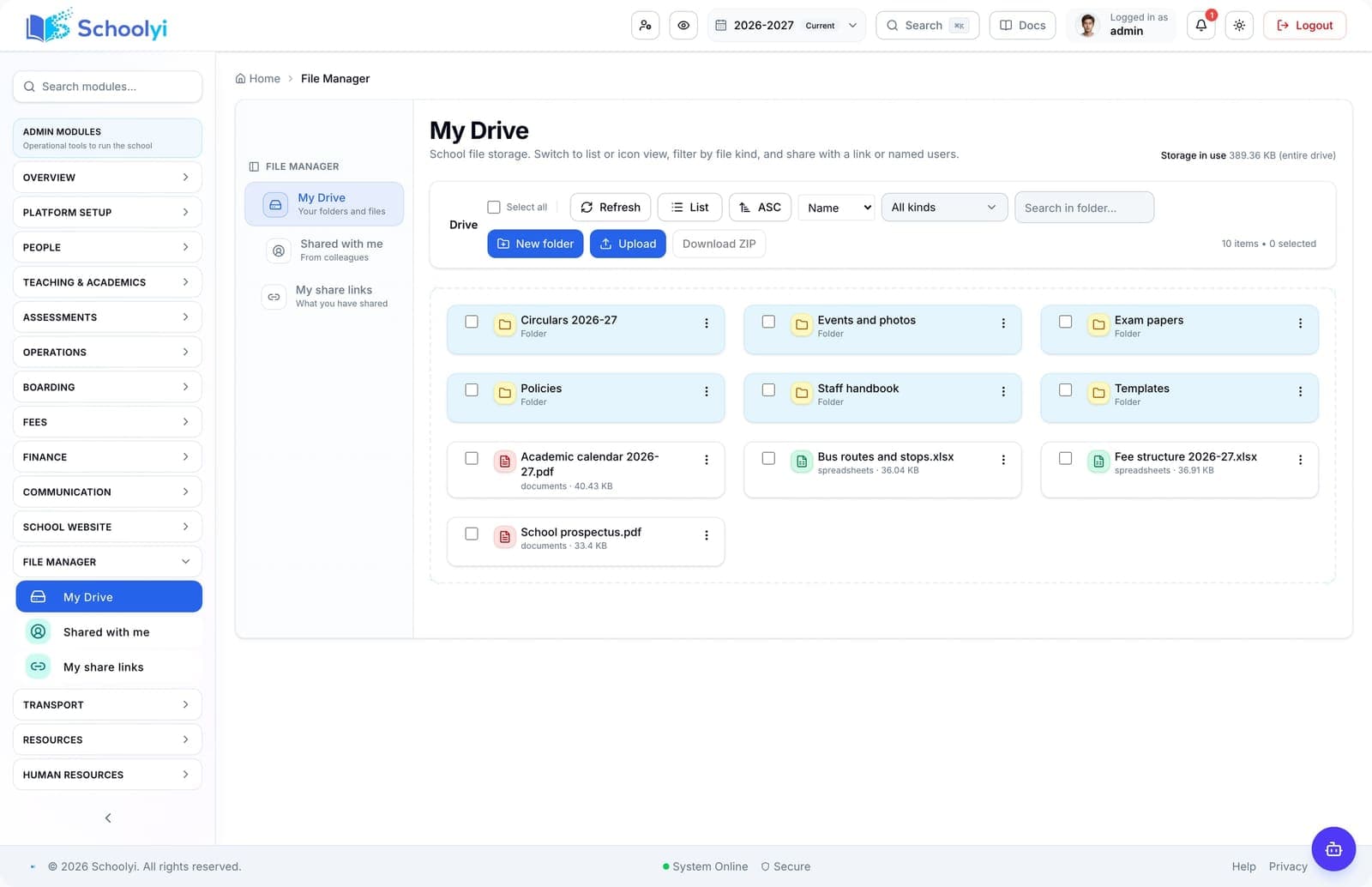 School file drive Schoolyi school file drive with folders and shared documents