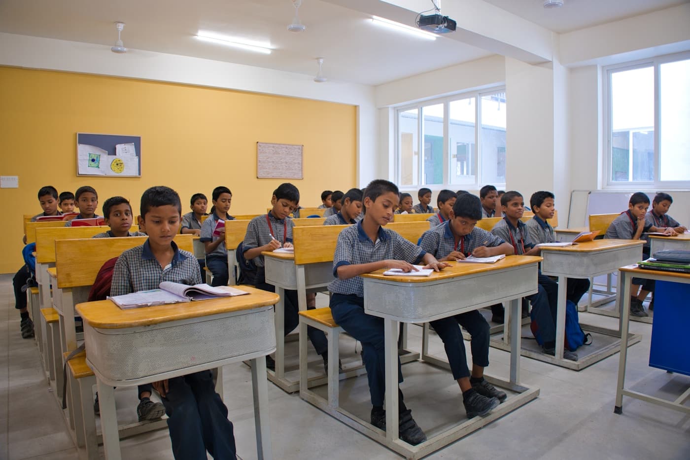Students gathered in a bright classroom