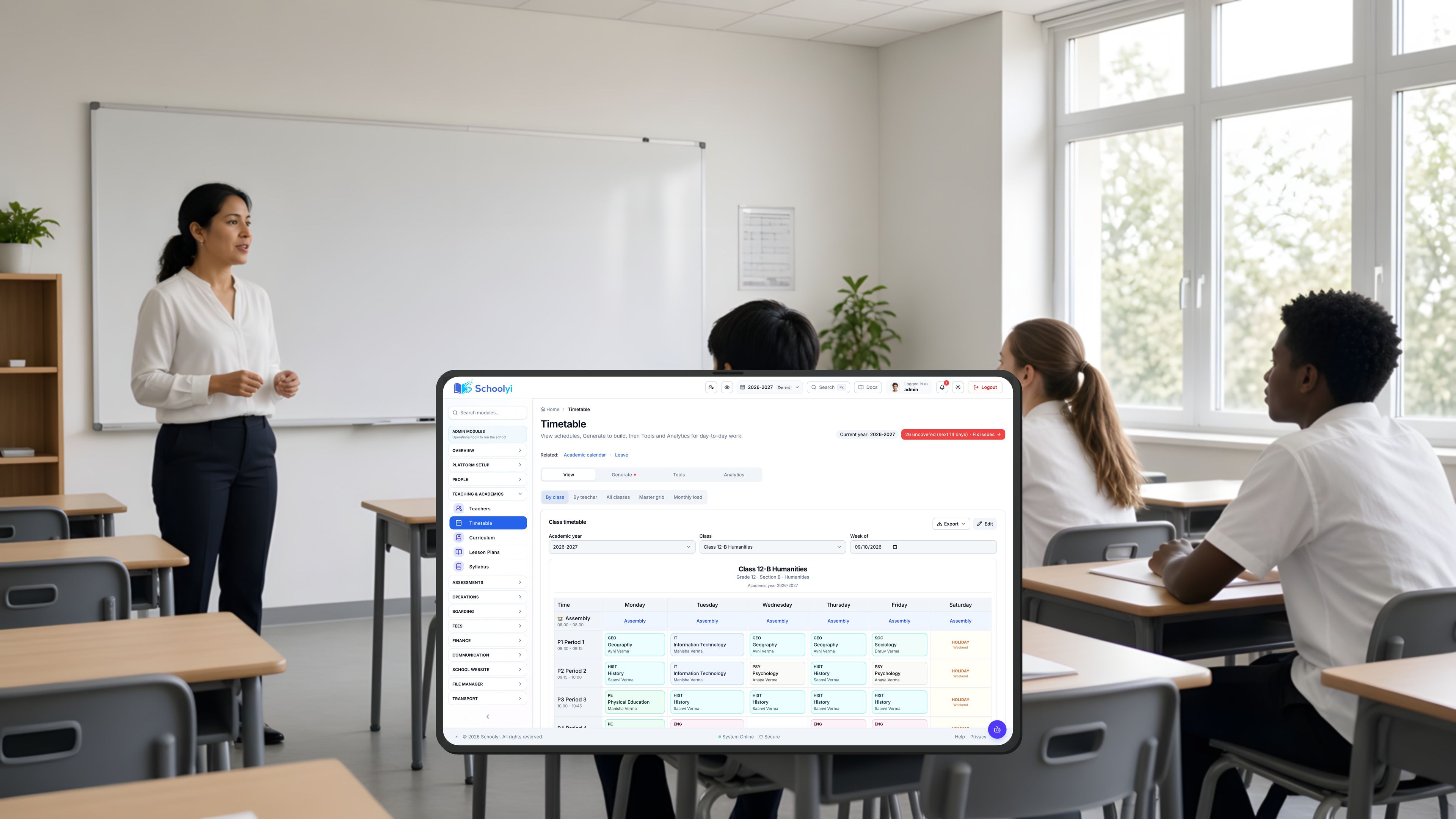 iPad showing the class timetable, in a classroom